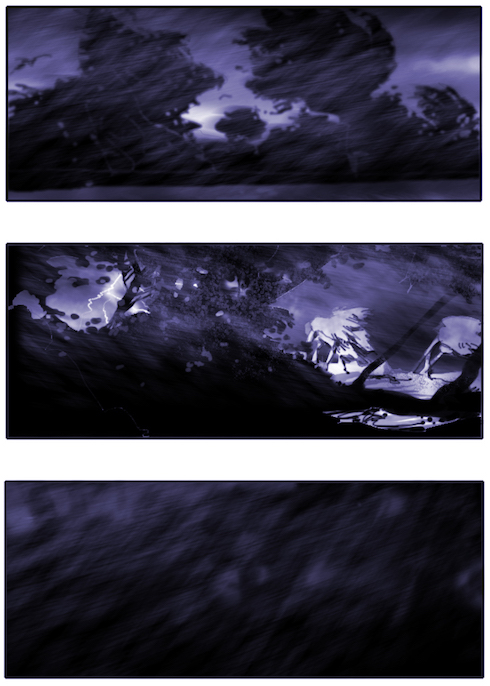 storyboard showing a storm la tempête blowing hard on the forest