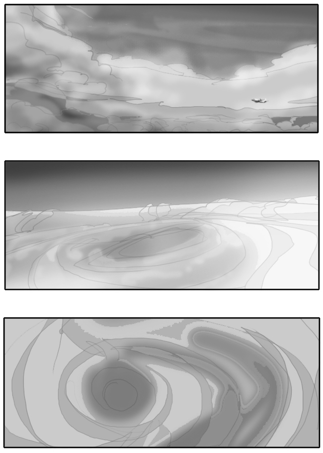 storyboard showing the hurricane and its eye